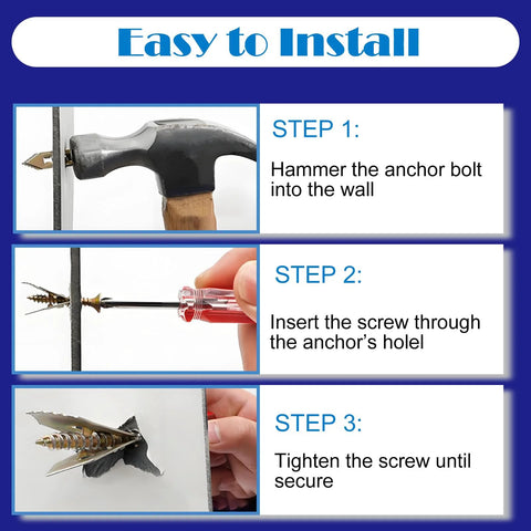 Installation steps for Self-Drilling Drywall Anchors With Screws Kit, 100 Pcs Heavy-Duty Zinc Plated Steel Anchors For Metal Walls
