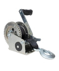 2000lb Manual Boat Trailer Winch With 20 Foot Strap and Two-Way Ratchet, featuring Comfort Grip Crank Handle.