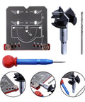 Cabinet Door Mounting Jig With Precision Hinge Locator 8x8.5x1.5cm adjustable drilling kit, tools, components visible