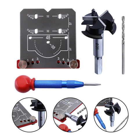 Cabinet Door Mounting Jig With Precision Hinge Locator 8x8.5x1.5cm adjustable drilling kit, tools, components visible