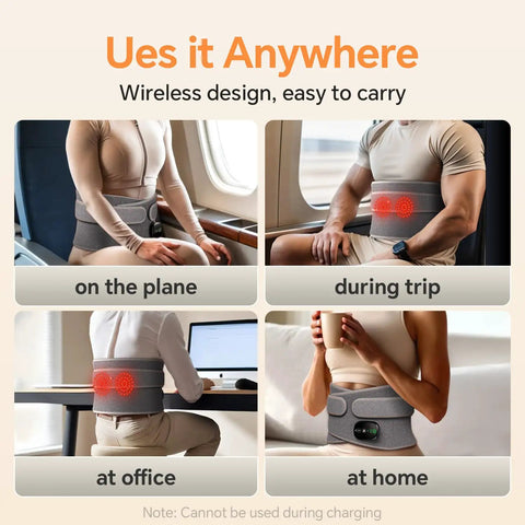Cordless Heated Back Wrap With Lumbar Massager Vibration in use at home, office, plane, during trip