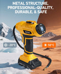 Cordless Tire Inflator Air Compressor with metal construction for extreme temperatures, featuring a digital pressure gauge