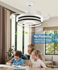 35 Inch Retractable Ceiling Fan With Remote And Lights 30W LED Bladeless Modern Ceiling Fan above a family at a table