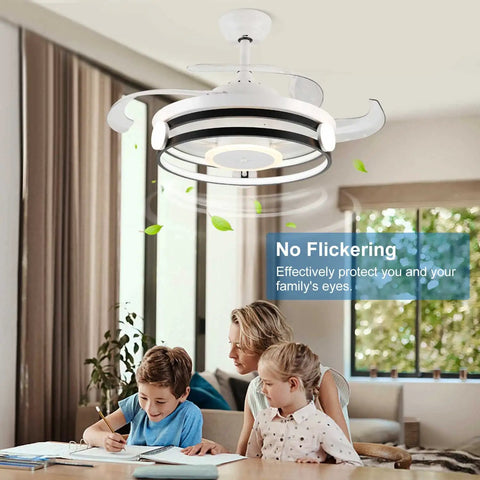 35 Inch Retractable Ceiling Fan With Remote And Lights 30W LED Bladeless Modern Ceiling Fan above a family at a table