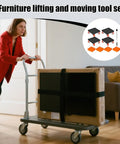 Woman using Heavy Duty Furniture Movers Lifter Set Stackable Low Clearance Glides to move a large box on a cart.