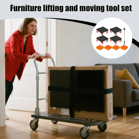 Woman using Heavy Duty Furniture Movers Lifter Set Stackable Low Clearance Glides to move a large box on a cart.