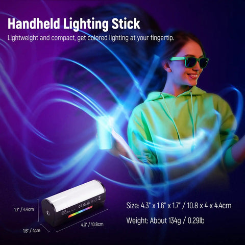 Girl using Magnetic Handheld RGB Light Wand With 360 Degree Color, compact LED video light, 4.3in size, colorful glow effect.
