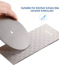 Hand holding disk over Four Pieces Diamond Sharpening Stone Grit Diamond Plate Honing Stone For Kitchen Sharpening Dull Edges 600 grit.