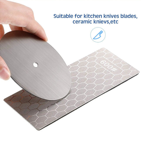 Hand holding disk over Four Pieces Diamond Sharpening Stone Grit Diamond Plate Honing Stone For Kitchen Sharpening Dull Edges 600 grit.