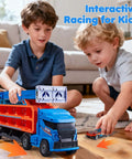 Two boys playing with Race Track Truck Toy Set For Kids Aged 3 To 6 Years Old Four In One Carrier Truck With Dual Foldable Race Tracks