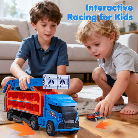 Two boys playing with Race Track Truck Toy Set For Kids Aged 3 To 6 Years Old Four In One Carrier Truck With Dual Foldable Race Tracks