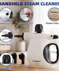 Powerful Handheld Steam Cleaner With Huge Tank And 11 Nifty Accessories For Deep Cleaning Cars Furniture Floors Kitchens Windows And More Featuring Safety Lock Plus Quick Heating Technology That Dings Out Grime Effortlessly Without Toxic Chemicals Making detailing the steam button and safety lock.