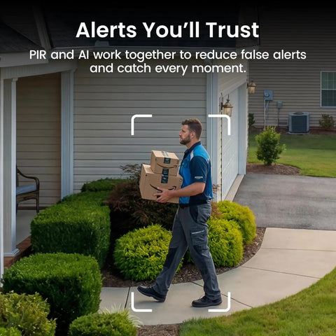 Wireless Outdoor Security Camera Kit With Local Storage 2K Resolution 6X Zoom 4 Camera System monitoring delivery person