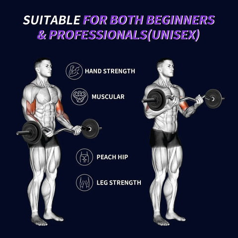 Illustration of male figures using 47 Inch Curl Bar For Home Gym And Weight Lifting, Ergonomic 1 Inch Diameter Barbell For Curls, Hip Thrusts, Squats.