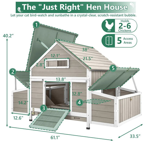 Diagram of Spacious Wooden Chicken Coop With Six Nesting Boxes And Pull Out Tray For Four To Six Chickens, measurements and features.