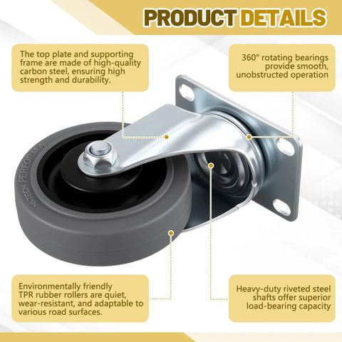 Heavy Duty Four Inch Swivel Caster Wheels Set Of Four With Sturdy Top Plate And High Traction Tpr Rubber Tires Built Like A Tank For Heavy Utility Carts Grills And Garden Equipment, showcasing durable steel top plate and TPR tire.