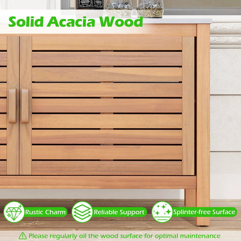 Outdoor Patio Storage Cabinet With Faux Marble Top Two Door Acacia Wood Console Sideboard For Deck Garden Backyard And Entryway Rustic Modern Farmhouse Vibe And All Weather Durability with wooden panel doors and marble top.