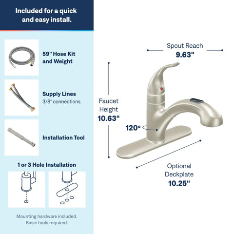 Detailed image of No Fuss Fix With Badass Power Clean Spray And Slick Spot Resist Stainless Finish For Kitchen Or Laundry Sink Quick Connect Tool Free Mount Heavy Duty One Handle Pullout Faucet Setup with measurements.