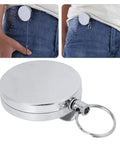 Retractable Key Ring Wire Keychain With Belt Clip Anti Theft Anti Lost Design 5 cm Diameter Metal Electroplated Gear in use on jeans