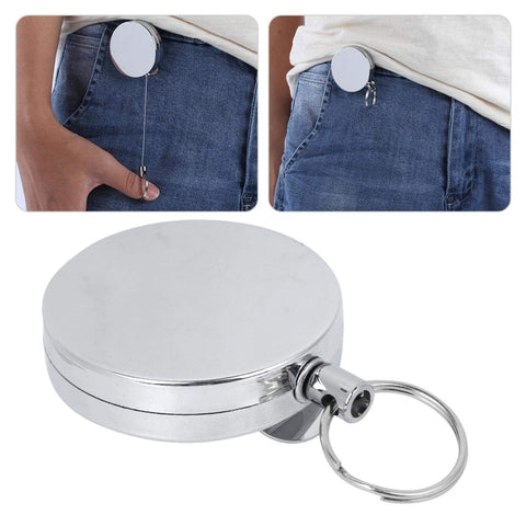 Retractable Key Ring Wire Keychain With Belt Clip Anti Theft Anti Lost Design 5 cm Diameter Metal Electroplated Gear in use on jeans