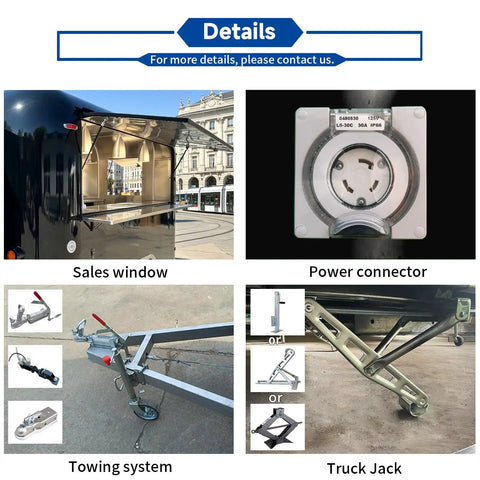 Slick 12 Foot Black Stainless Steel Commercial Food Trailer Equipped With Turnkey Mobile Beer Bar Station And Tough Catering Gear For A No Fuss Pop Up Hustle showcasing sales window, power connector, towing system, and truck jack.