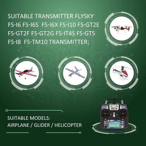 10 Channel FS-iA10B 2.4GHz AFHDS 2A Receiver compatible models and transmitters with drone, airplane, glider images