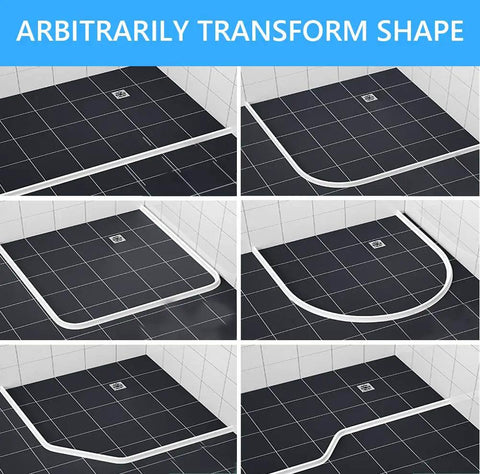 39 Inch Collapsible Shower Dam Barrier Keeps Water In The Shower And Floors Dry, flexible shape on black tile floor.