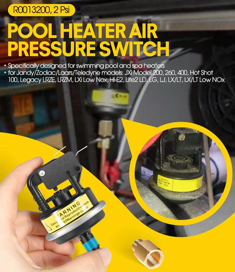 2 Psi Air Pressure Switch Replacement With O Ring For Jandy Zodiac Laars Teledyne Pool And Spa Heaters R0013200 Compatible Repair Part For Pool Equipment And Heating Systems shown with close-up details of installation and parts.