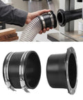 Upgrade Your Woodshop With This Snazzy 4 Inch Magnetic Dust Collection Connector in use with clear hose and black adapter.