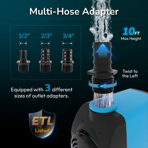 Ultra Quiet 800 GPH Submersible Water Pump With Adjustable Flow Easy Install 10 Ft Lift 6 Ft Power Cord 3 Nozzles Adapter Options