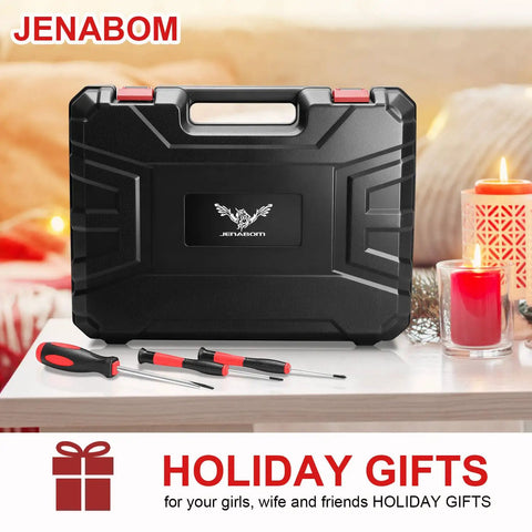 Everyday Home Tool Kit With 3.6V USB Electric Screwdriver displayed in black case on table with candles and decorations.