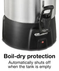 Bottom view of Boss Level 100 Cup Coffee Urn with Fast Brewing One Hand Dispensing Dual Heaters Brushed Aluminum Finish
