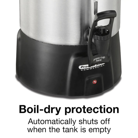 Bottom view of Boss Level 100 Cup Coffee Urn with Fast Brewing One Hand Dispensing Dual Heaters Brushed Aluminum Finish