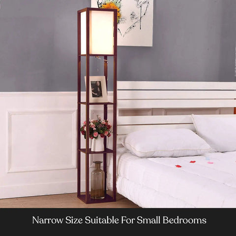 Maxwell Dope Modern Shelf Floor Lamp With Shade And Warm White LED Bulb in corner bedroom setting with three display shelves