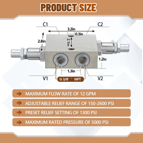Threlaco dual crossover hydraulic relief cushion valve, front view, 3/8 in NPT ports, metal block body.