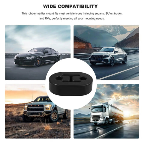 Two Pack Exhaust Rubber Hangers For Cars Trucks And SUVs With 2 Holes Adjustable Muffler Mount Brackets shown with vehicles