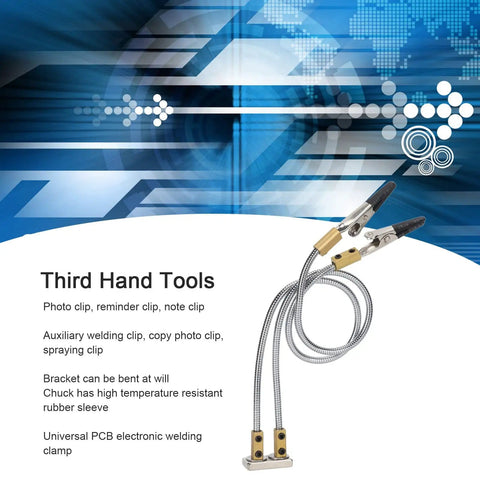 Pro Grade Adjustable Third Hand Welding Tool Clamp For Electronics Repair, flexible arms and clamps, blue tech background