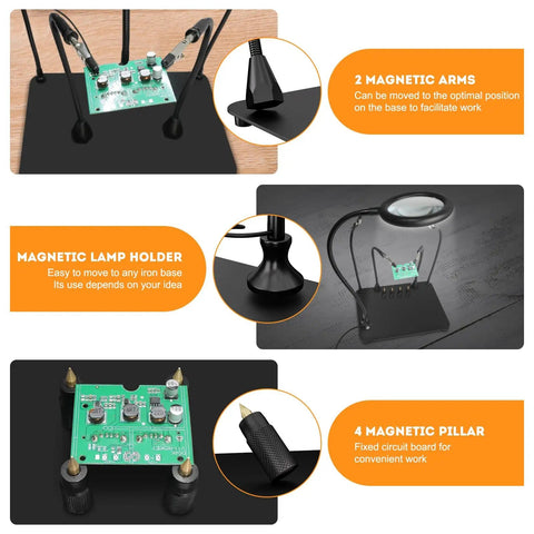 Magnetic Pro Grade Helping Hands Soldering Station with 3X Magnifying Lamp, flexible arms, and magnetic lamp holder