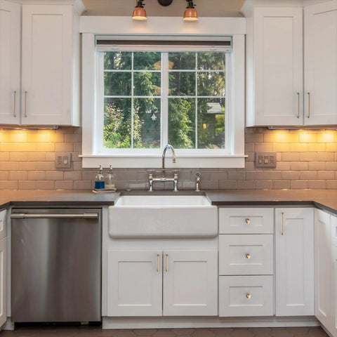 White kitchen cabinets with Champagne Bronze Cabinet Pulls 5 Inch Center To Center Pack Of 10 With Screws Included in modern kitchen.