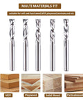 Five Piece CNC Router Bit Set For Serious Woodworking Enthusiasts With One Quarter Inch Shank And One Quarter Inch Cutting Diameter
