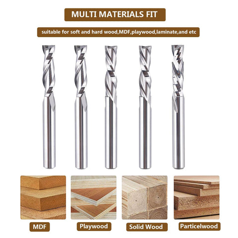 Five Piece CNC Router Bit Set For Serious Woodworking Enthusiasts With One Quarter Inch Shank And One Quarter Inch Cutting Diameter