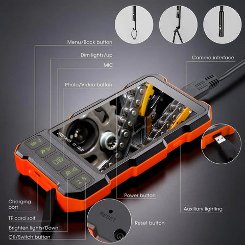 Triple Lens Endoscope For Auto And Home Repairs Engine Drain Inspection HD Waterproof Camera With IP67 Rating Great For Plumbing HVAC And DIY Diagnostics Pro Grade Sewer And Drain Inspection Tool handheld monitor with buttons and USB port