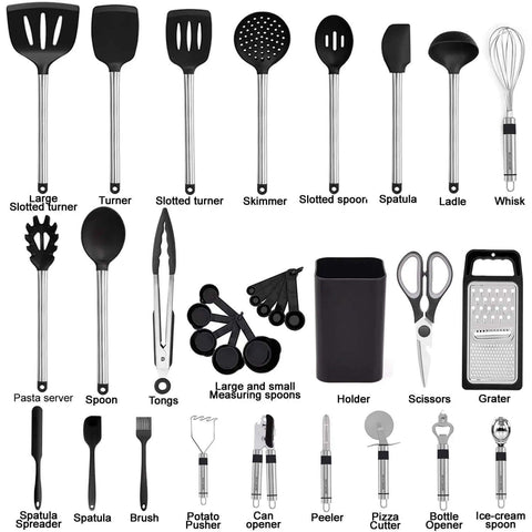 Ultimate 33-Piece Silicone And Stainless Steel Utensil Set For Nonstick Cookware displayed with spatulas, spoons, tongs, and more.