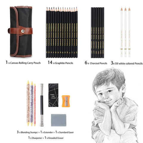 Complete 31 Piece Drawing Pencils Kit With Graphite Pencils 6H To 12B Charcoal Pencils White Color Pencils Blending Stumps Kneaded And Hard Erasers Pencil Extender In Portable Canvas Case For Beginners To Pro Artists.