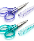 Curved And Straight Craft Scissors Set For Embroidery And Sewing, Multipurpose Stainless Steel With Protective Covers, Green And Purple Handles, Ideal For Paper Cutting, Detailing, And DIY Craft Projects. Purple and teal pair with covers