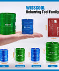 WISSCOOL pipe deburring tool set; green ST-210 and blue WS-209A reamers in front view with Pro/Standard/Max variants.