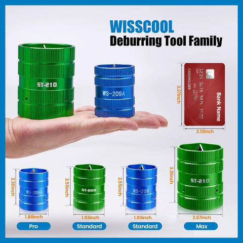 WISSCOOL pipe deburring tool set; green ST-210 and blue WS-209A reamers in front view with Pro/Standard/Max variants.