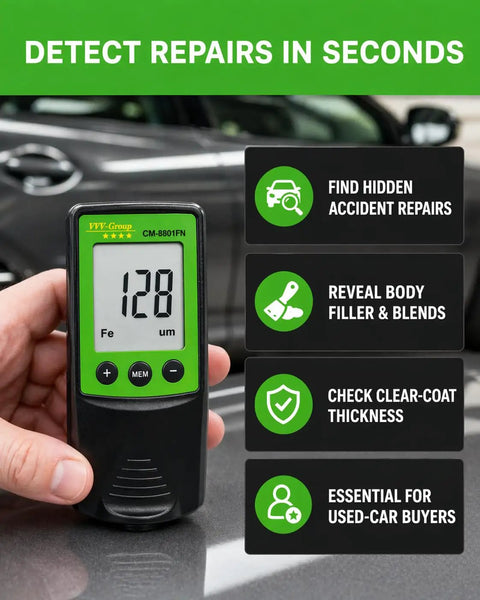 Hardcore Car Paint Thickness Gauge With 1 Micrometer Resolution, 0 To 1250 Micrometers Range, Ferrous And Non Ferrous Detection, Auto Repaint Check, Digital Coating Meter For Used Cars, Dealership Inspections, And Detail Pros hand-held over car hood