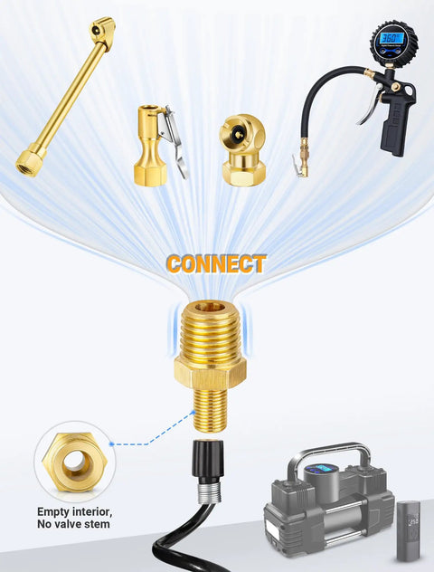 Beefy Brass Tire Inflator Adapter One Quarter Inch MNPT To Schrader Valve Male Durable Air Compressor Connector with gauge