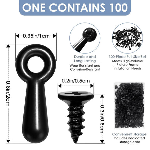 Front view: 100-piece metal turn-button picture frame fasteners with screws; black finish, includes storage case